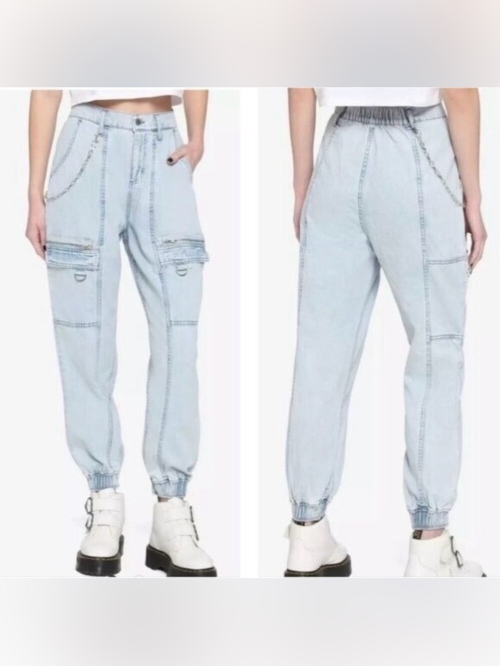 Hot Topic Womens Cargo Jogger Jeans Size 5‎ Acid Wash Grunge Festival Streetwear